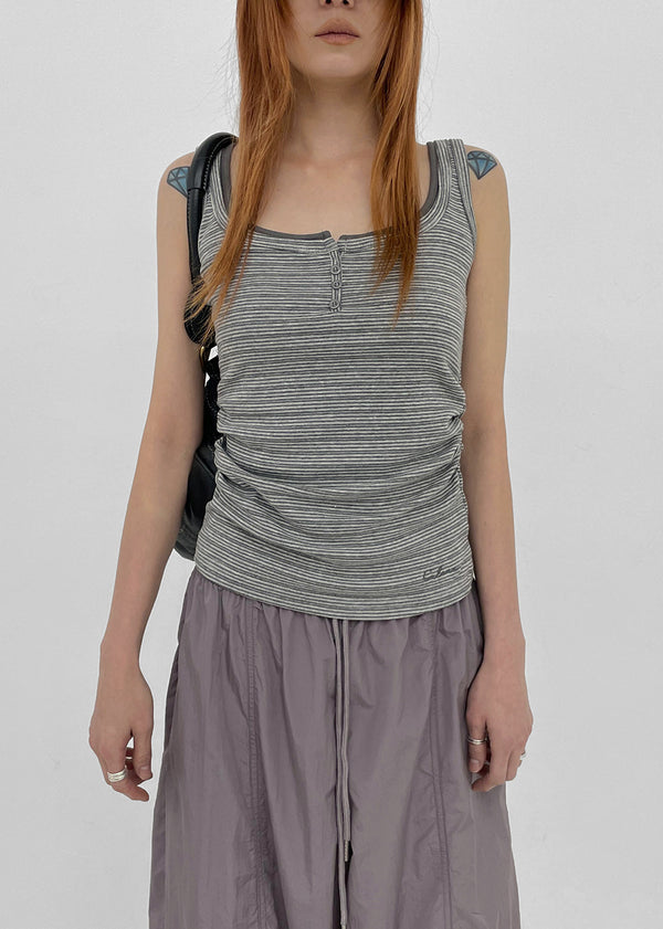 Telton Layered Striped Henley Neck Shirred Sleeveless Top