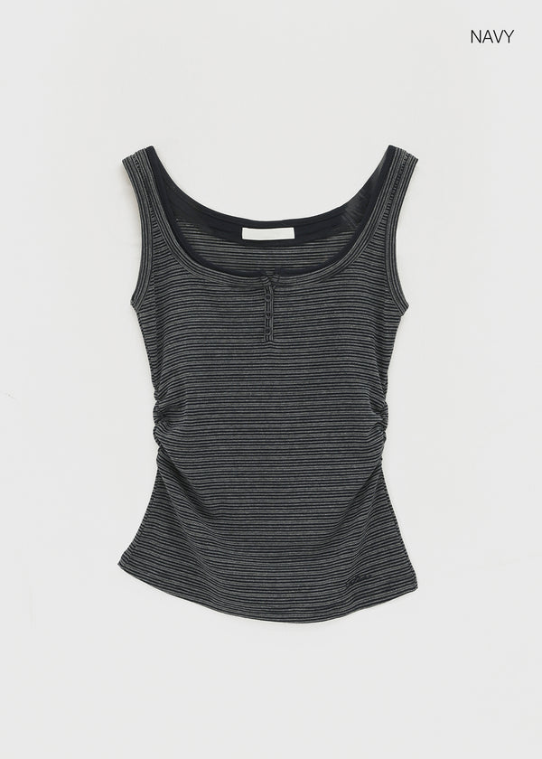 Telton Layered Striped Henley Neck Shirred Sleeveless Top