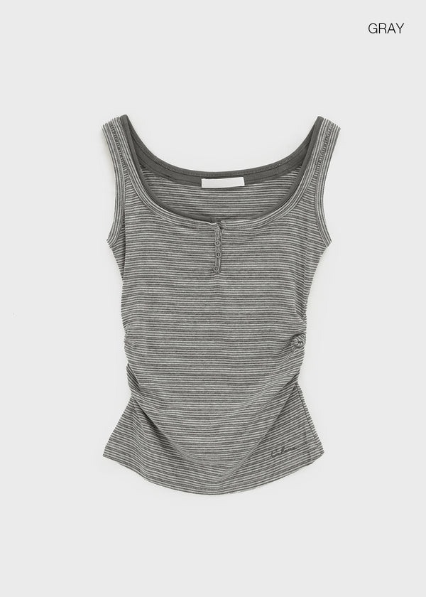 Telton Layered Striped Henley Neck Shirred Sleeveless Top