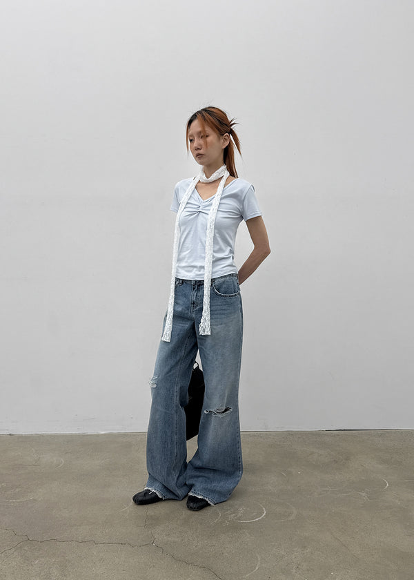 Rotomi Damaged Low-waisted Bootcut Denim Pants