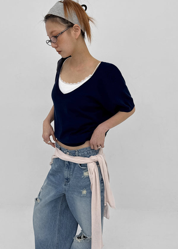 [MADE] Lumico Raglan V-Neck Short-Sleeve Knit