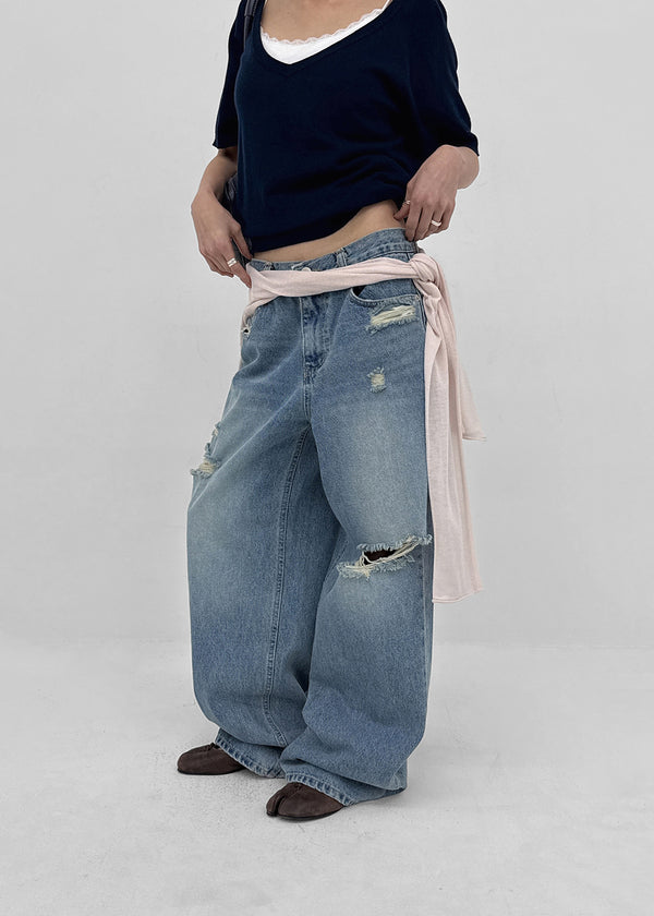 Hupu Damaged Wide Denim Pants