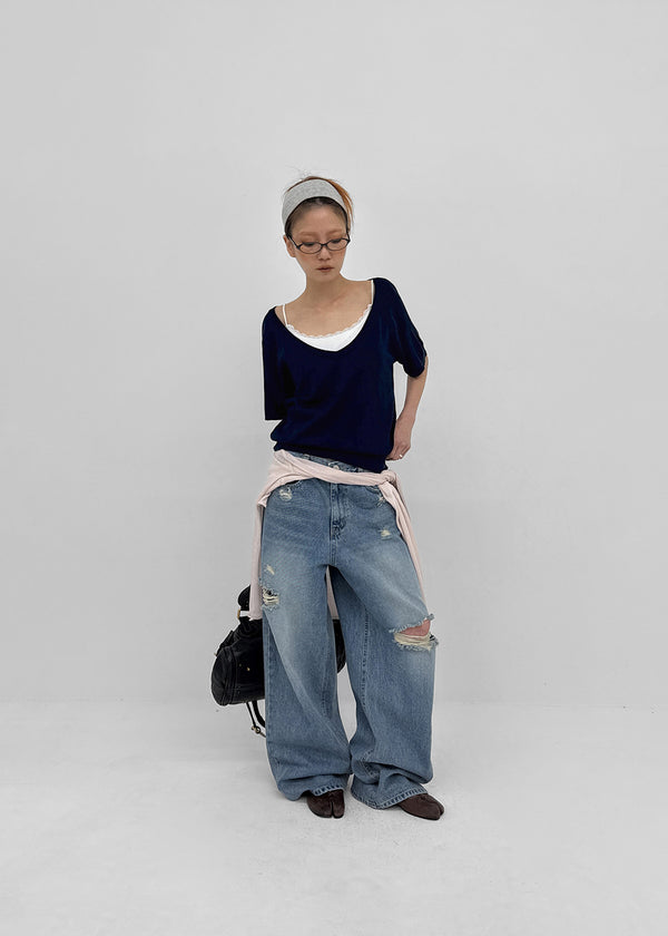 Hupu Damaged Wide Denim Pants