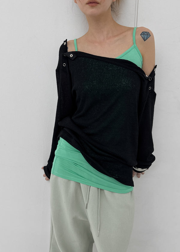 [MADE] Cuchel Summer Knit Button Off-Shoulder Long Sleeve Top