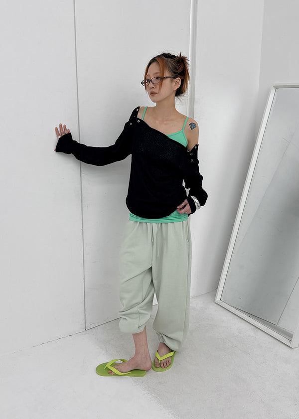 [MADE] Cuchel Summer Knit Button Off-Shoulder Long Sleeve Top