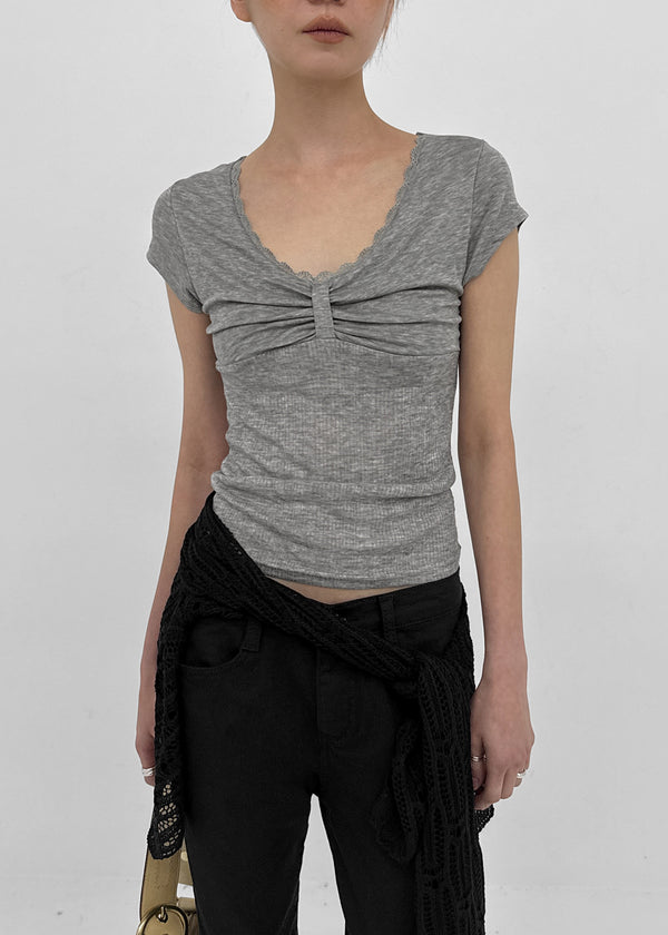 Ramun Summer Tencel Shirred Lace Short Sleeve Tee