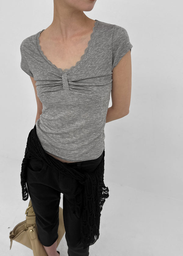 Ramun Summer Tencel Shirred Lace Short Sleeve Tee