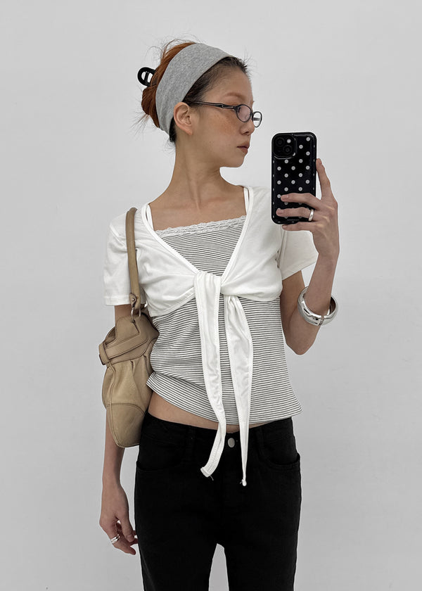 Kare Layered Cardigan Sleeveless Lace Short-sleeve Tee