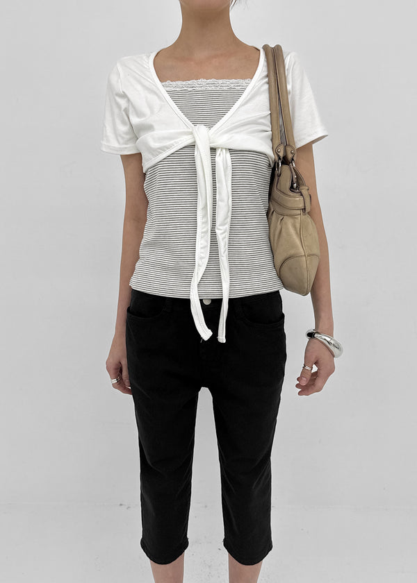 Kare Layered Cardigan Sleeveless Lace Short-sleeve Tee