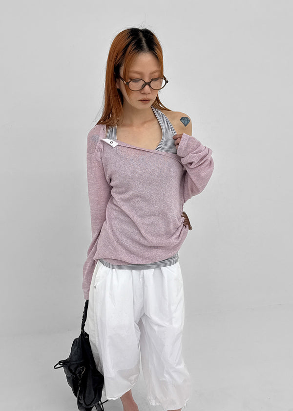 [MADE] Cuchel Summer Knit Button Off-Shoulder Long Sleeve Top