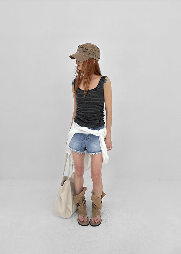 Telton Layered Striped Henley Neck Shirred Sleeveless Top