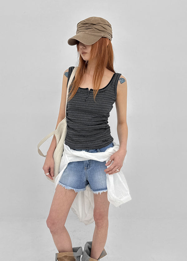 Telton Layered Striped Henley Neck Shirred Sleeveless Top