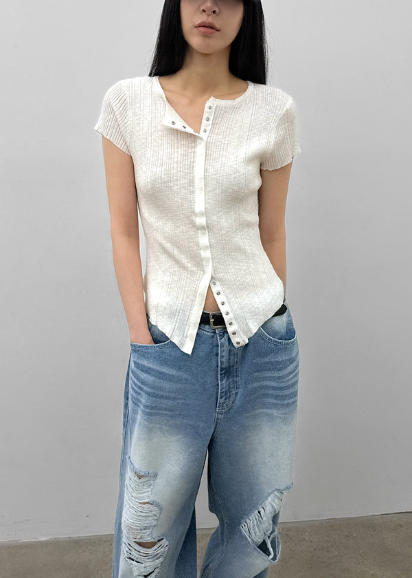 Clven Ribbed Button Short-sleeve Knit Cardigan