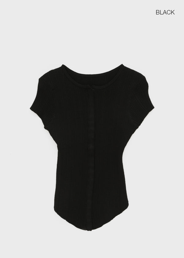 Clven Ribbed Button Short-sleeve Knit Cardigan