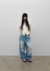 (UNISEX) Wheelie Damaged Wide Denim Pants