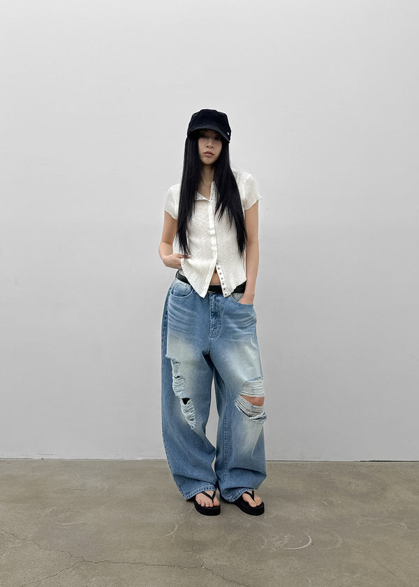 (UNISEX) Wheelie Damaged Wide Denim Pants