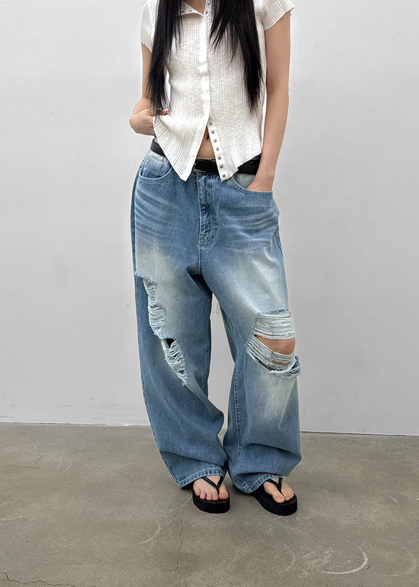 (UNISEX) Wheelie Damaged Wide Denim Pants