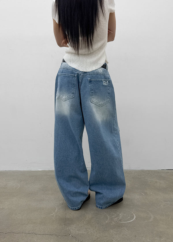 (UNISEX) Wheelie Damaged Wide Denim Pants