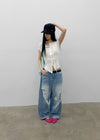 (UNISEX) Wheelie Damaged Wide Denim Pants