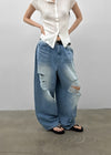 (UNISEX) Wheelie Damaged Wide Denim Pants