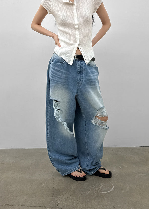 (UNISEX) Wheelie Damaged Wide Denim Pants
