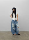 (UNISEX) Wheelie Damaged Wide Denim Pants