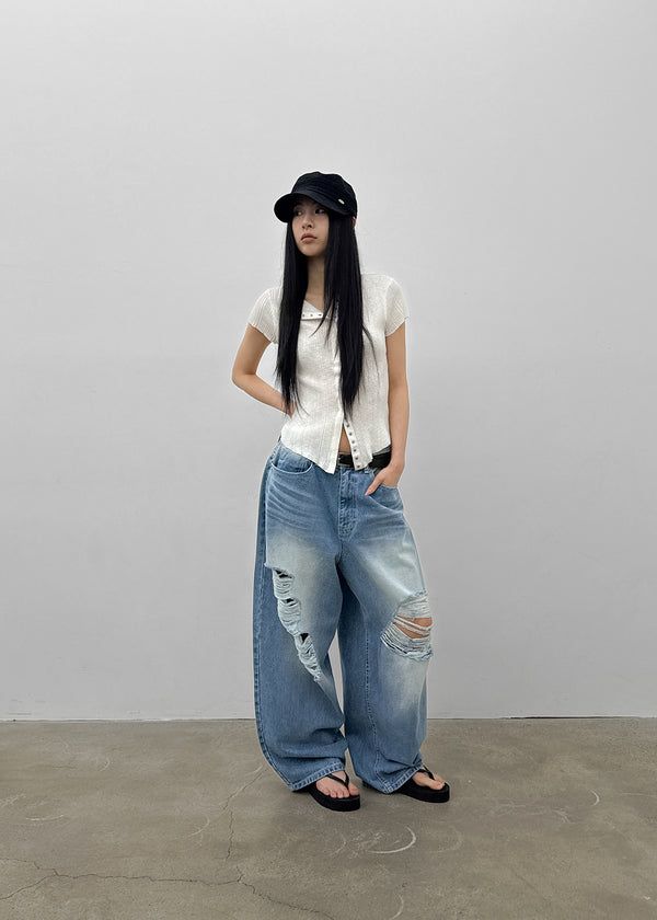 (UNISEX) Wheelie Damaged Wide Denim Pants