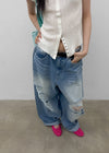 (UNISEX) Wheelie Damaged Wide Denim Pants