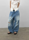 (UNISEX) Wheelie Damaged Wide Denim Pants