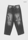 (UNISEX) Wheelie Damaged Wide Denim Pants