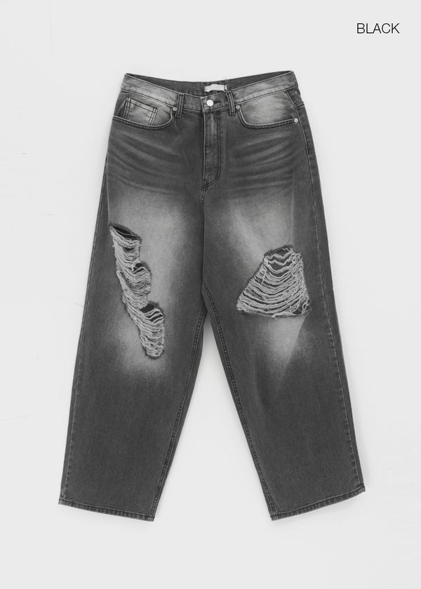 (UNISEX) Wheelie Damaged Wide Denim Pants