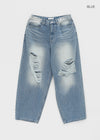 (UNISEX) Wheelie Damaged Wide Denim Pants