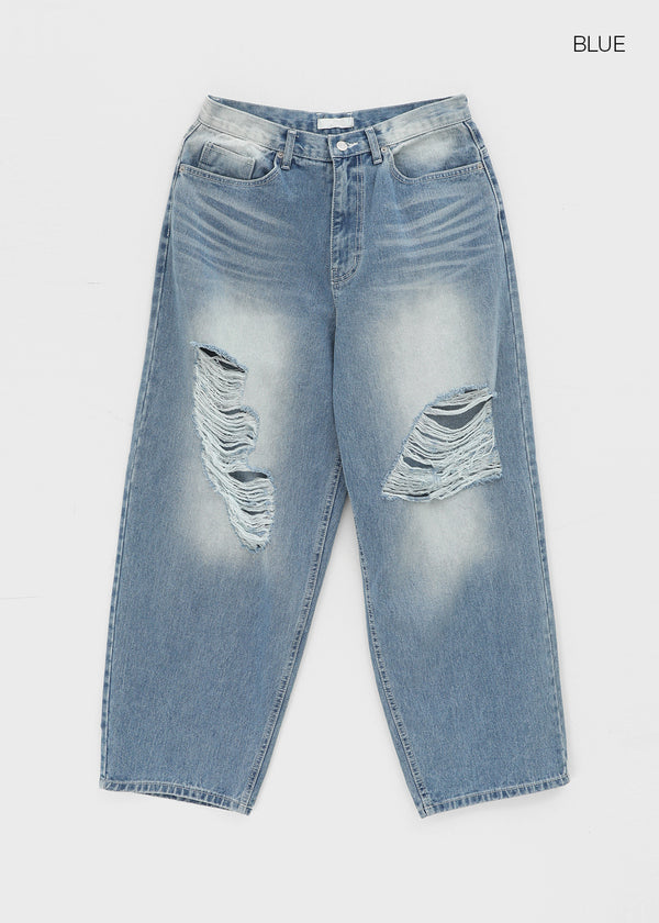 (UNISEX) Wheelie Damaged Wide Denim Pants