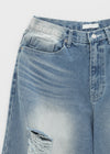 (UNISEX) Wheelie Damaged Wide Denim Pants