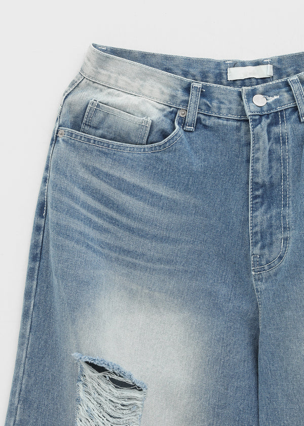 (UNISEX) Wheelie Damaged Wide Denim Pants