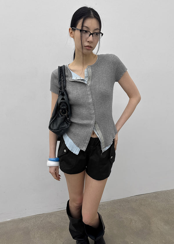 Clven Ribbed Button Short-sleeve Knit Cardigan