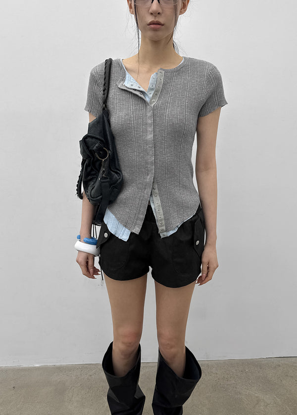 Clven Ribbed Button Short-sleeve Knit Cardigan