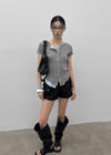 Clven Ribbed Button Short-sleeve Knit Cardigan