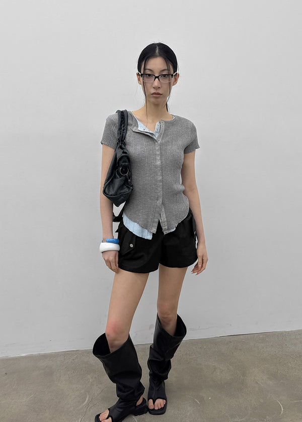 Clven Ribbed Button Short-sleeve Knit Cardigan