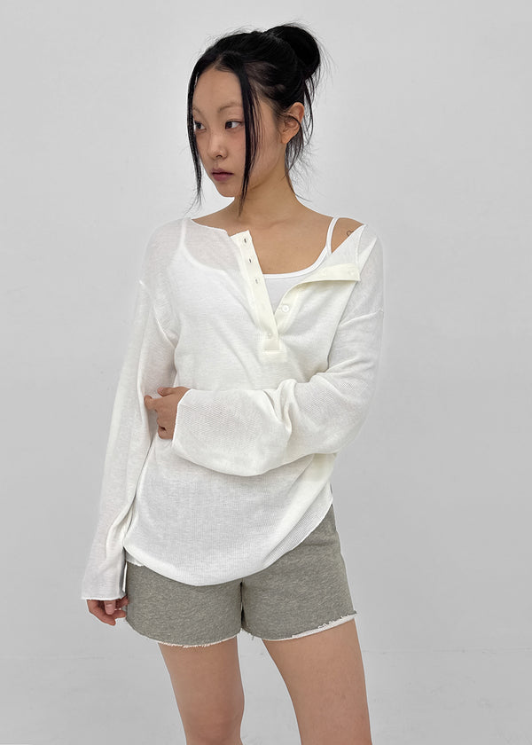Mocob Henley Neck Loose Fit Waffle Long Sleeve Tee