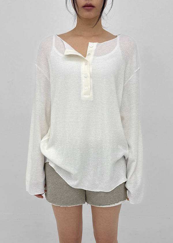 Mocob Henley Neck Loose Fit Waffle Long Sleeve Tee