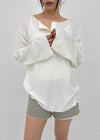Mocob Henley Neck Loose Fit Waffle Long Sleeve Tee