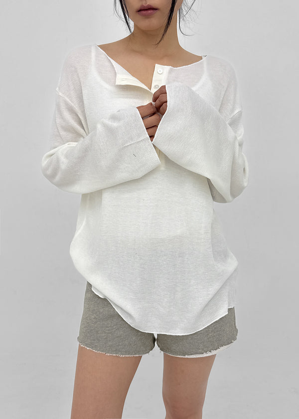 Mocob Henley Neck Loose Fit Waffle Long Sleeve Tee