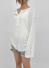 Mocob Henley Neck Loose Fit Waffle Long Sleeve Tee