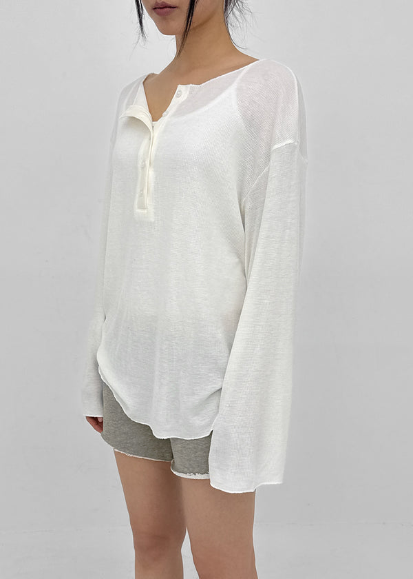 Mocob Henley Neck Loose Fit Waffle Long Sleeve Tee