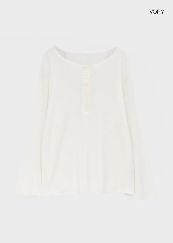 Mocob Henley Neck Loose Fit Waffle Long Sleeve Tee
