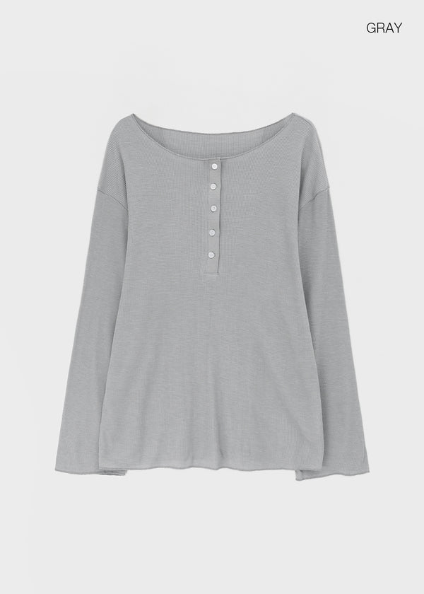 Mocob Henley Neck Loose Fit Waffle Long Sleeve Tee
