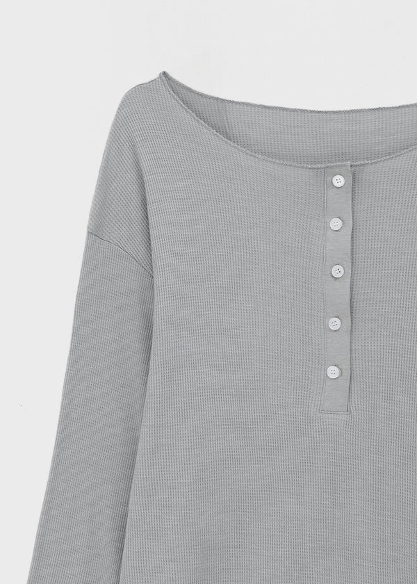 Mocob Henley Neck Loose Fit Waffle Long Sleeve Tee