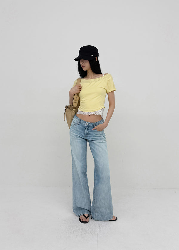 Ferrols Crop Color Off-shoulder Short Sleeve Tee