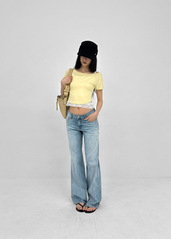 Ferrols Crop Color Off-shoulder Short Sleeve Tee